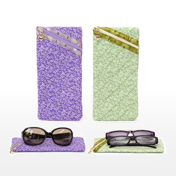 Green or Purple Glasses Case Floral Vine Print Zipped