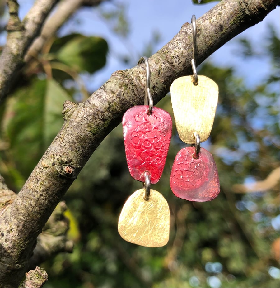 Red Copper and Brass Asymmetric Dangle Earrings