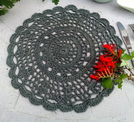 Crochet jute place mat set-pale petrol green color round crochet table mat-1 qty