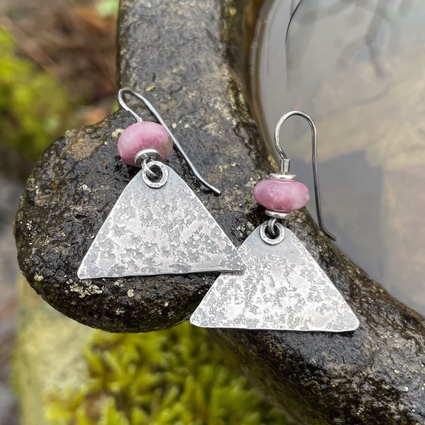 Oxidised Sterling silver and lilac lepidolite large triangle earrings 