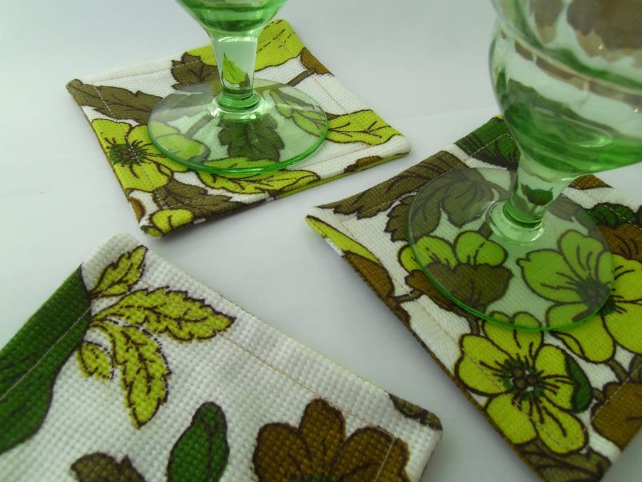 CLEARANCE Fabric coasters set of 6 funky green vintage print tableware