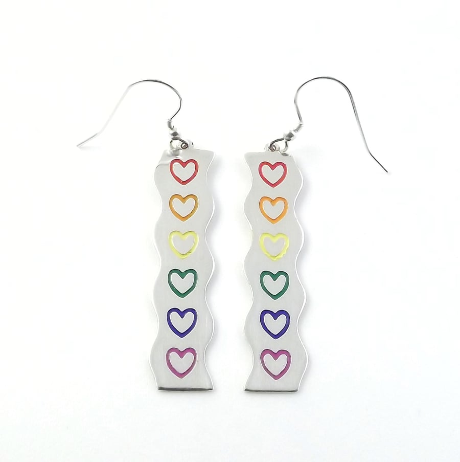 Rainbow Heart Drop Earring, Silver Enamel Heart Jewellery, Handmade Gift for Her