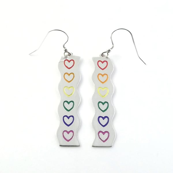 Rainbow Heart Drop Earring, Silver Enamel Heart Jewellery, Handmade Gift for Her