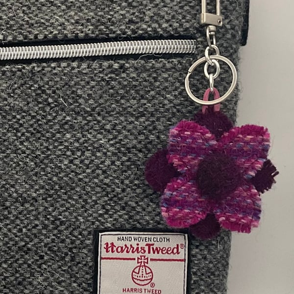 Harris Tweed Flower Bag Charm Keychain Handmade Scottish Wool 
