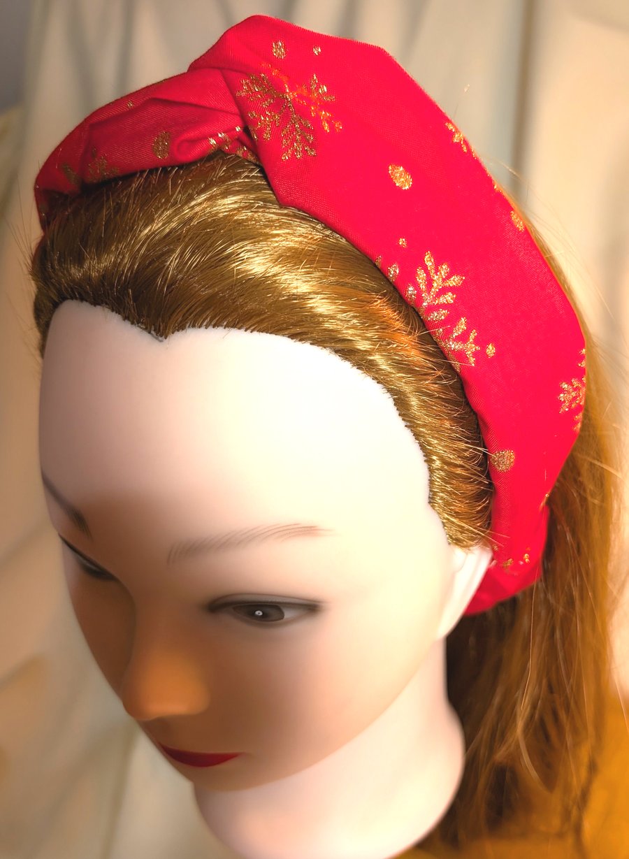 Red Christmas Cotton twist knot elasticated hairband, gold glitter snowflakes