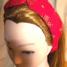 Red Christmas Cotton twist knot elasticated hairband, gold glitter snowflakes
