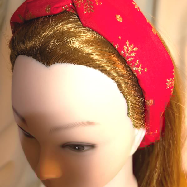 RedChristmas Cotton twist knot elasticated hairband, gold glitter snowflakes