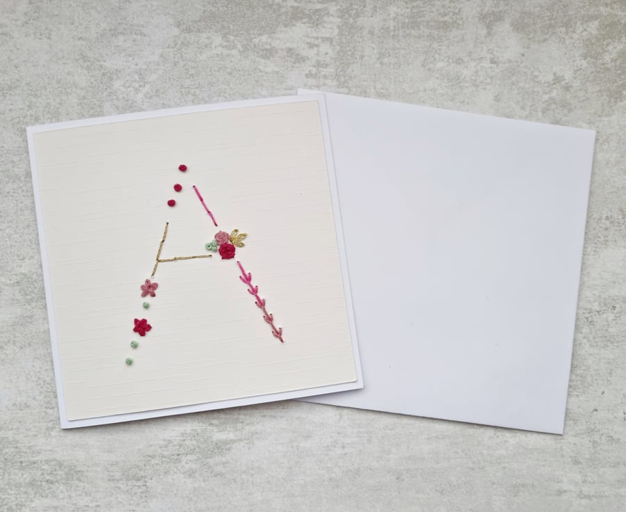 Letter A embroidered card, hand stitched initial card, hand sewn keepsake card