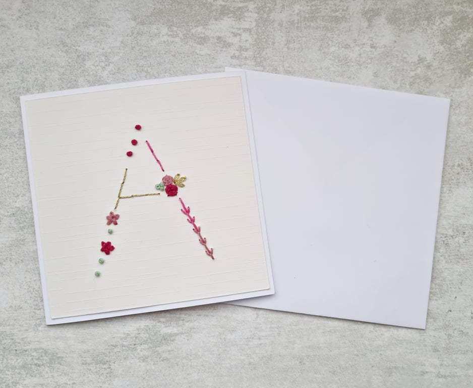 Letter A Embroidered Card, Personalised Bridesmaid Card, Birthday Keepsake Card