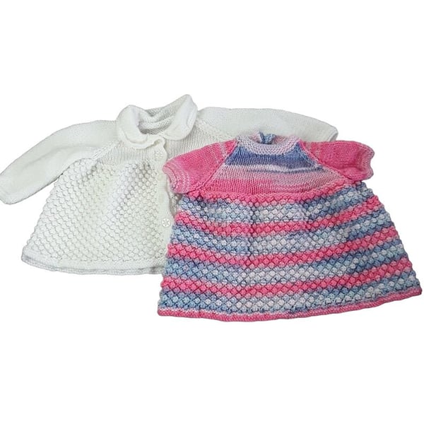 Baby Girl Hand Knitted Dress and Cardigan Set, Pink and Blue