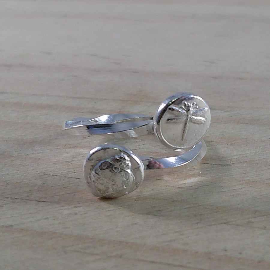 Sterling Silver Dragonfly and Ladybird Bug Shot Adjustable Ring (SKU070325)