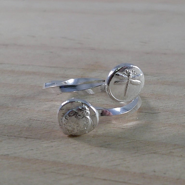 Sterling Silver Dragonfly and Ladybird Bug Shot Adjustable Ring (SKU070325)