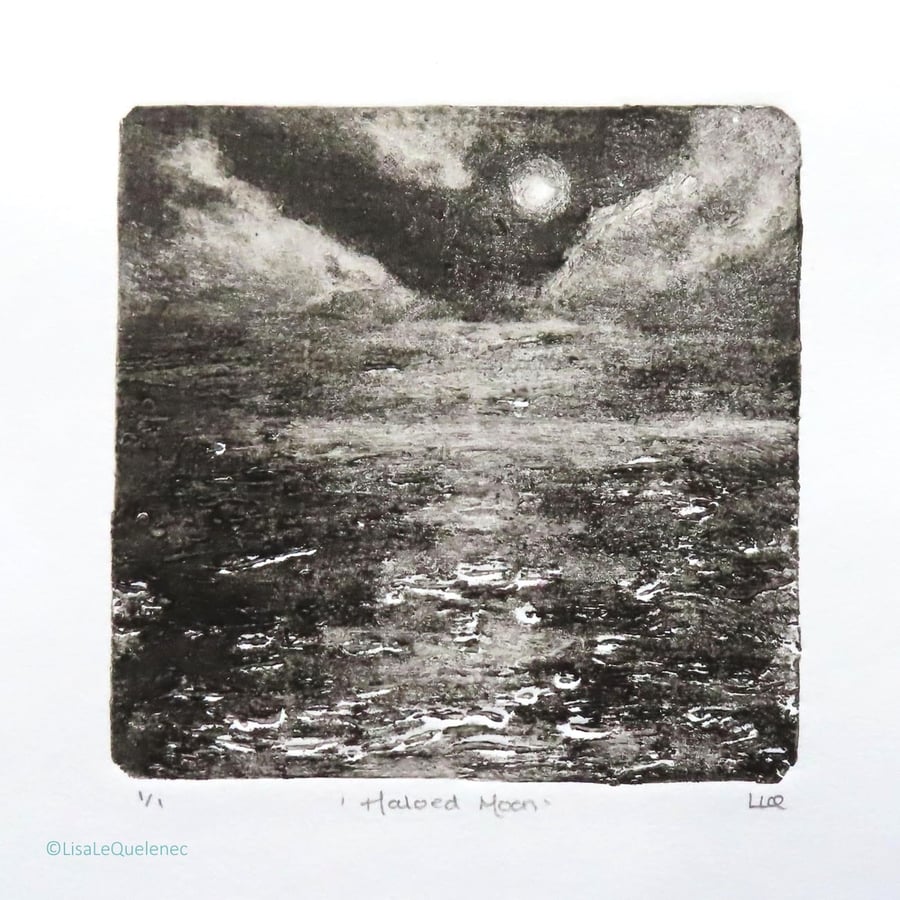 Haloed Moon OOAK monoprint black and white coastal beach scene