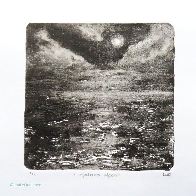 Haloed Moon OOAK monoprint black and white coastal beach scene