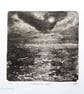 Haloed Moon OOAK monoprint black and white coastal beach scene