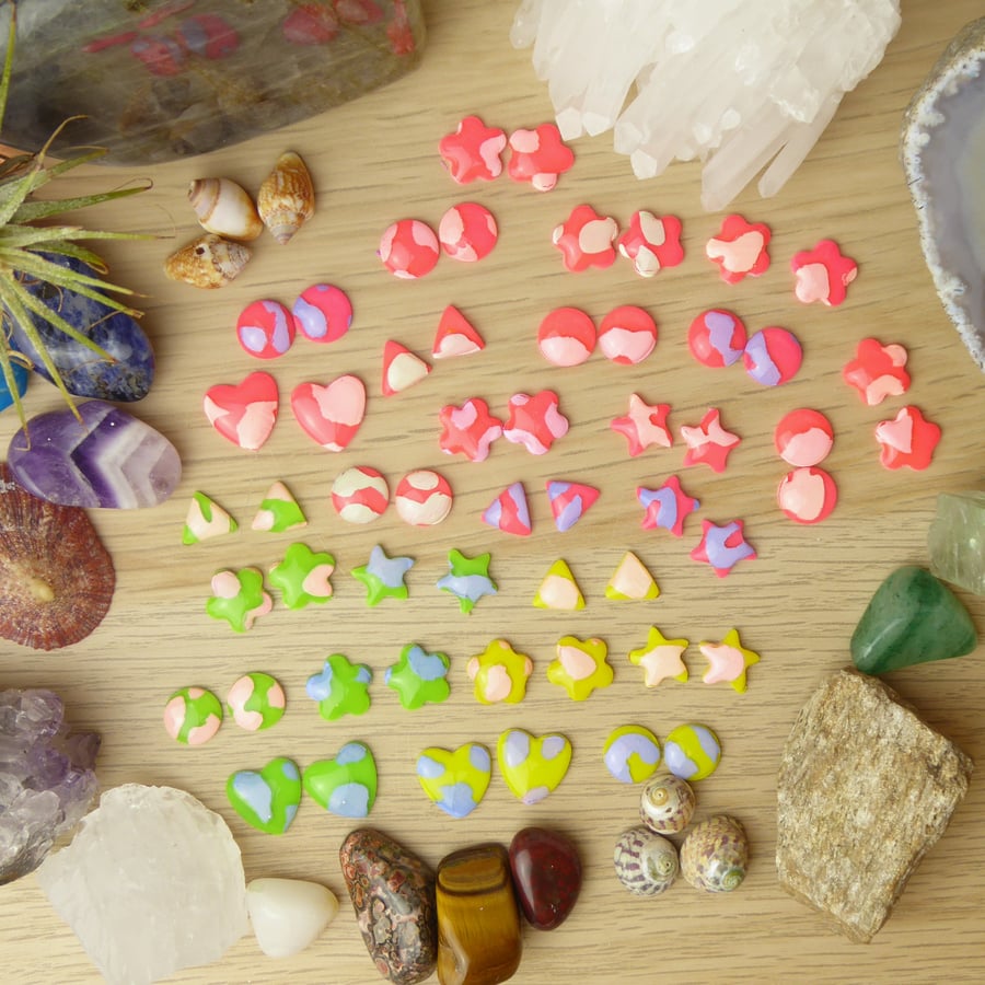 Neon Pink, Green and Lemon Yellow Stud Earrings with Animal Print, Polymer Clay