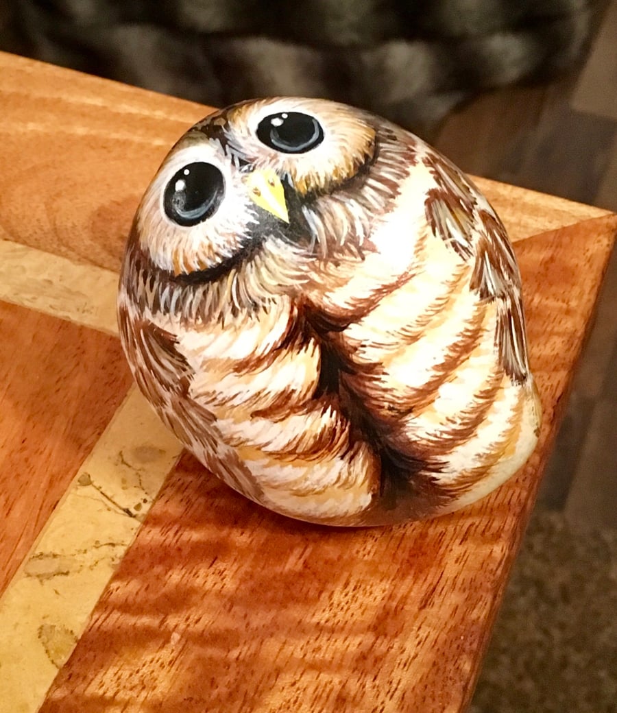 Hand painted pebble owl bird art rock stone painting 