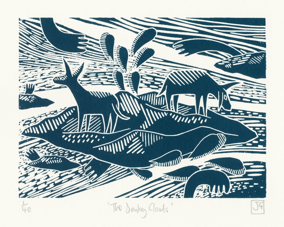 The Donkey Clouds A4 linocut screen print (dark blue ink & cream paper)