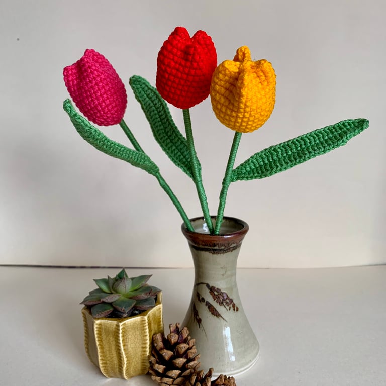  tulips, crochet flowers, mini bouquet of 3 jewel coloured tulips
