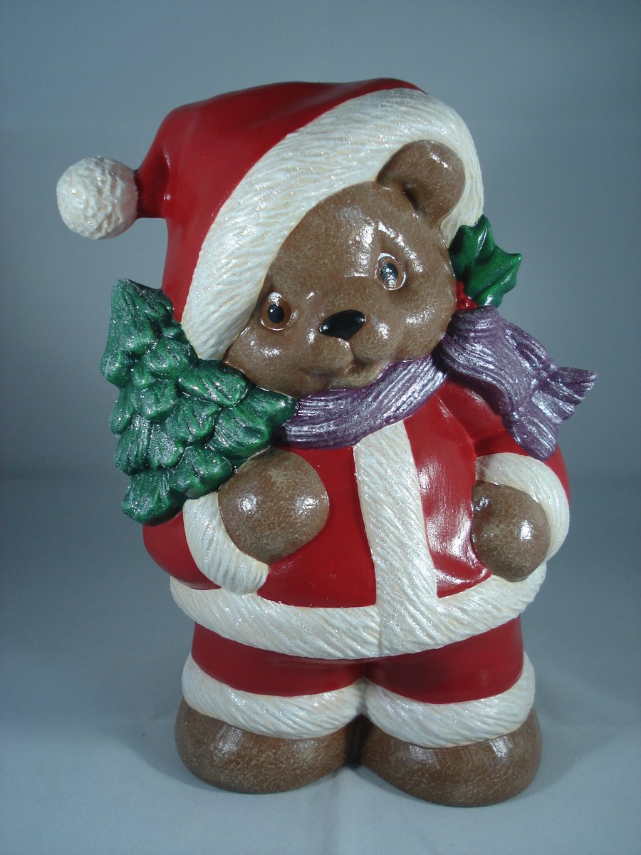 Red Ceramic Xmas Christmas Santa Claus Bear Animal Figurine Ornament Decoration.