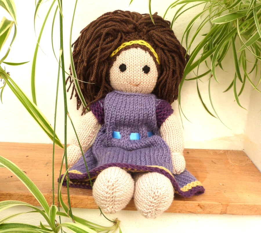 Doll.12" Hand Knitted Doll Brown Hair Doll Handmade in Wool with Removable Dress