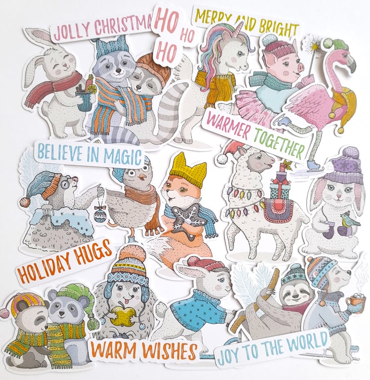 Christmas Animals in Clothes, winter ephemera card topper embellishments