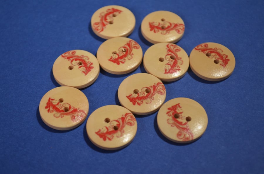 20mm Wooden Red Swirly Pattern Buttons 10pk Button (RH4)
