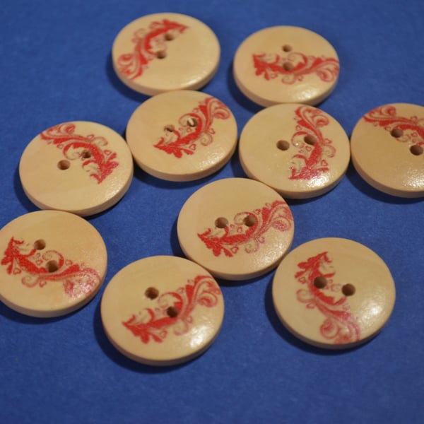 20mm Wooden Red Swirly Pattern Buttons 10pk Button (RH4)