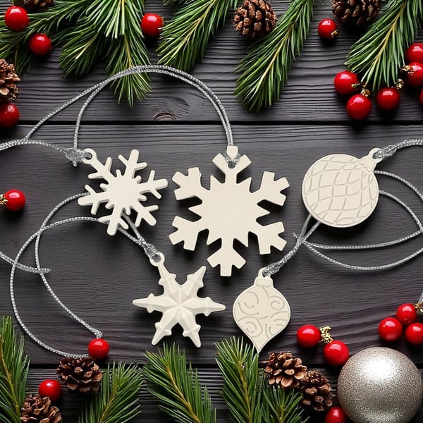 Handmade Set of Five White Crystacast Decorations