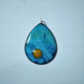 Teardrop enamelled copper pendant with flower 162