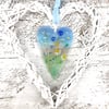 Fused Glass Heart with Delicate Blue Flowers in Wicker Hanging Heart on Ribbon