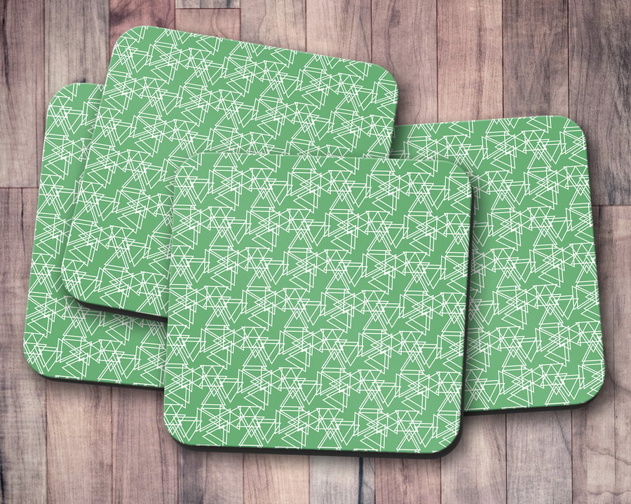 Set of 4 Green and White Triangle Geometrical Design Coasters