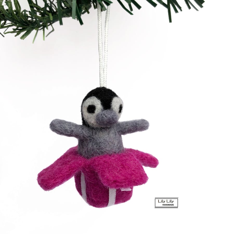 SOLD Penguin present Xmas Tree Decoration needle felted by Lily Lily Handmade