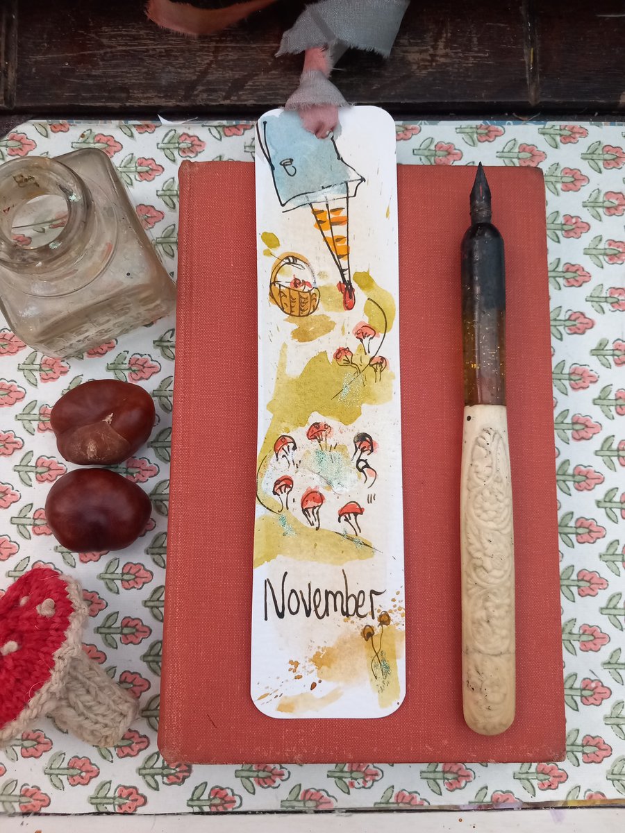  'November 'Hand drawn and painted bookmark with silk ribbon '