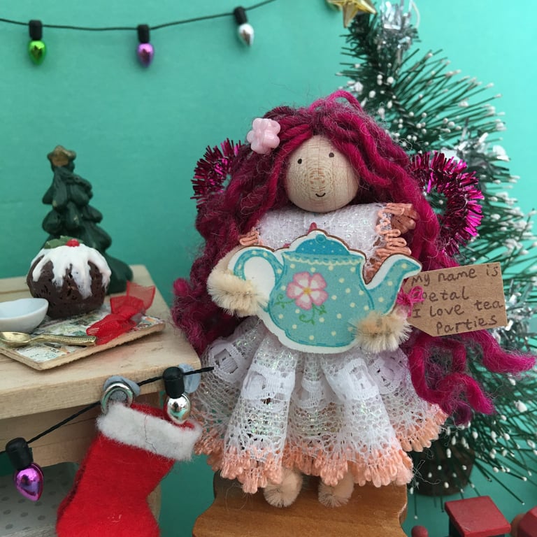 Tiny Pink Tea Pot Fairy Doll Decoration, Christmas Tree Decorations