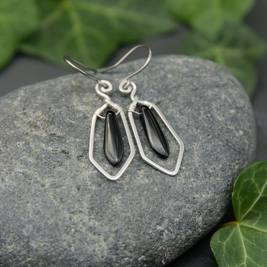 Hammered Sterling Silver Earrings with Black Glass Dagger Beads