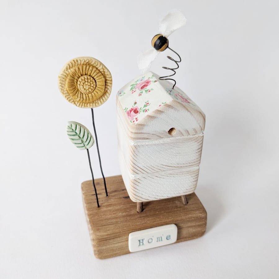 Wooden Beehive With Clay Flower and Bee 'Home'