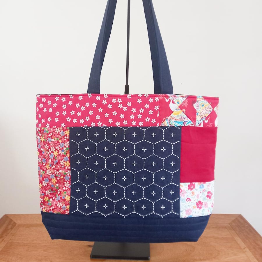 Blue and Red Sashiko Panel Patchwork Tote Bag