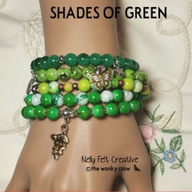 Shades of Green Bohemian set of 5 stackable stretch to fit bracelets 