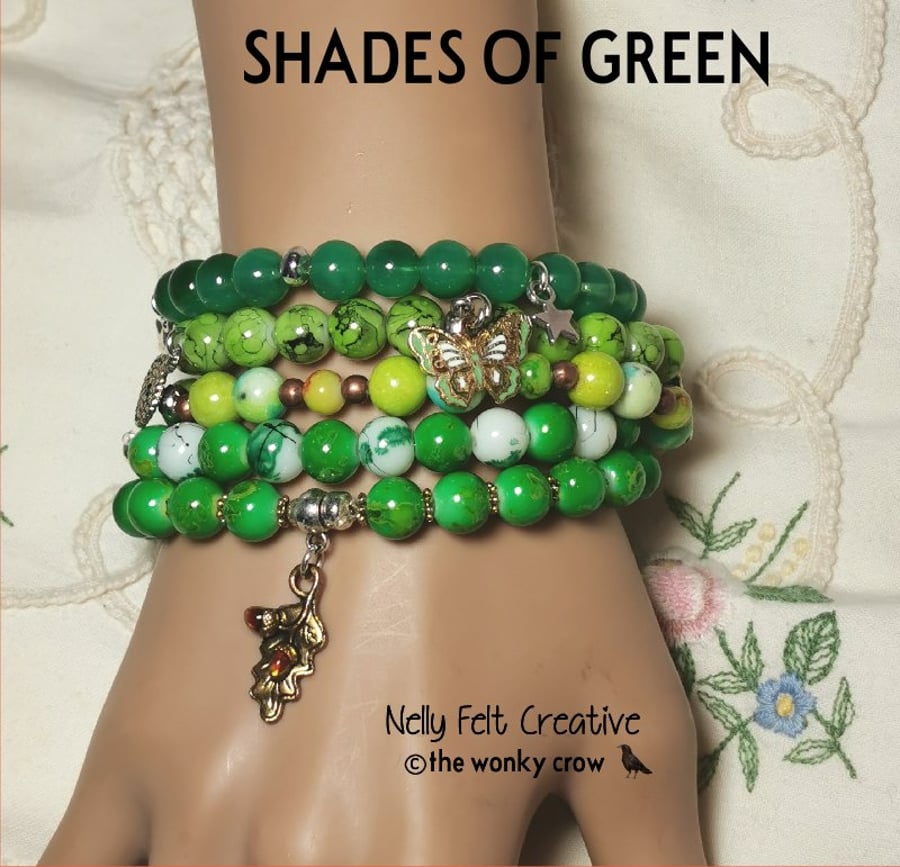 Shades of Green Bohemian set of 5 stackable stretch to fit bracelets 