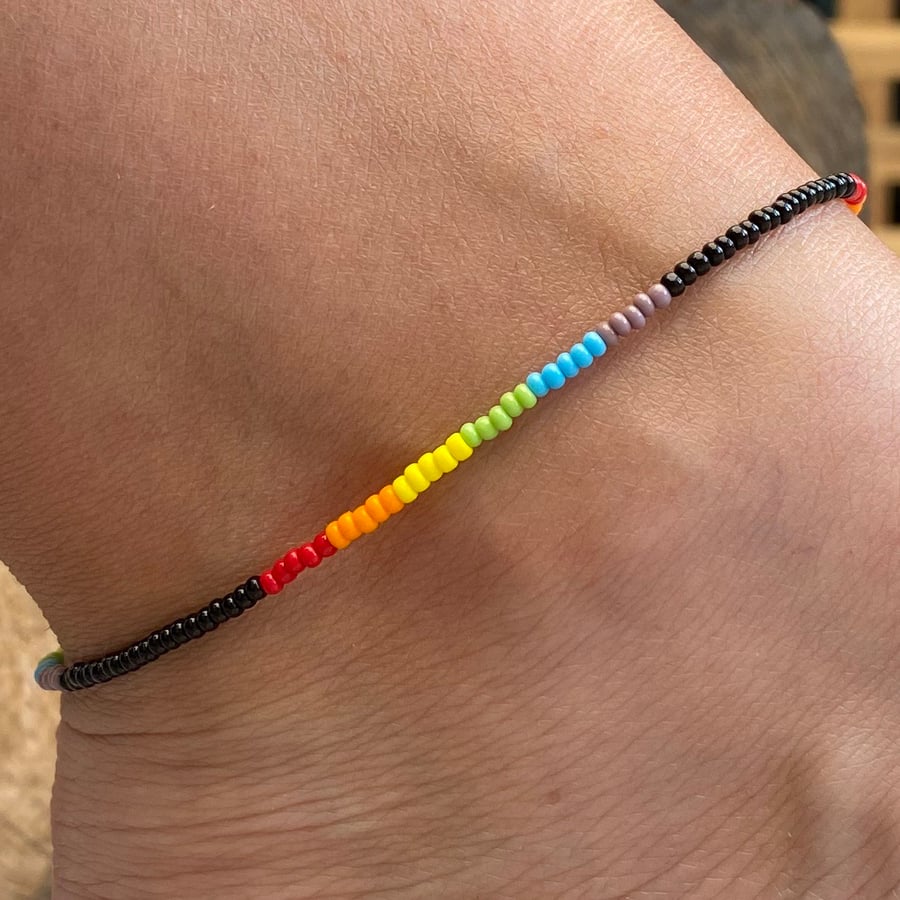 Rainbow Beaded Anklet. Sterling Silver. Extension Chain. 