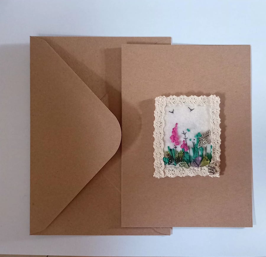 ,FOXGLOVES, handmade, original, embroidered A6 blank greetings card 