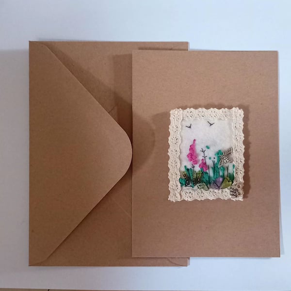 ,FOXGLOVES, handmade, original, embroidered A6 blank greetings card 