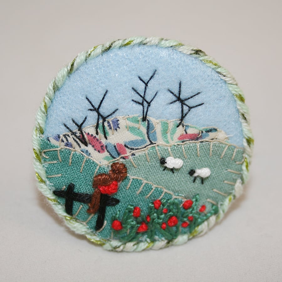 Winter Robin Brooch Hand Embroidered
