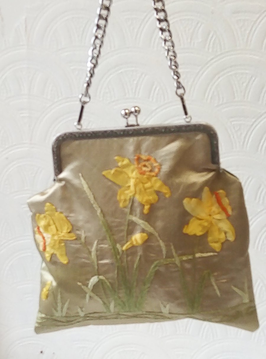 Evening Bag of Vintage hand sewn Ribbon Daffodils 