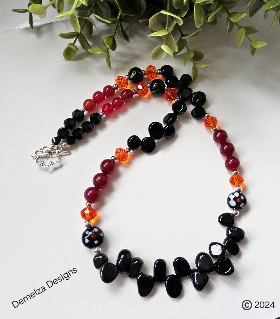 Designer Black Onyx, Carnelian, Crystal & Hand Blown Bead Necklace ONE OFF
