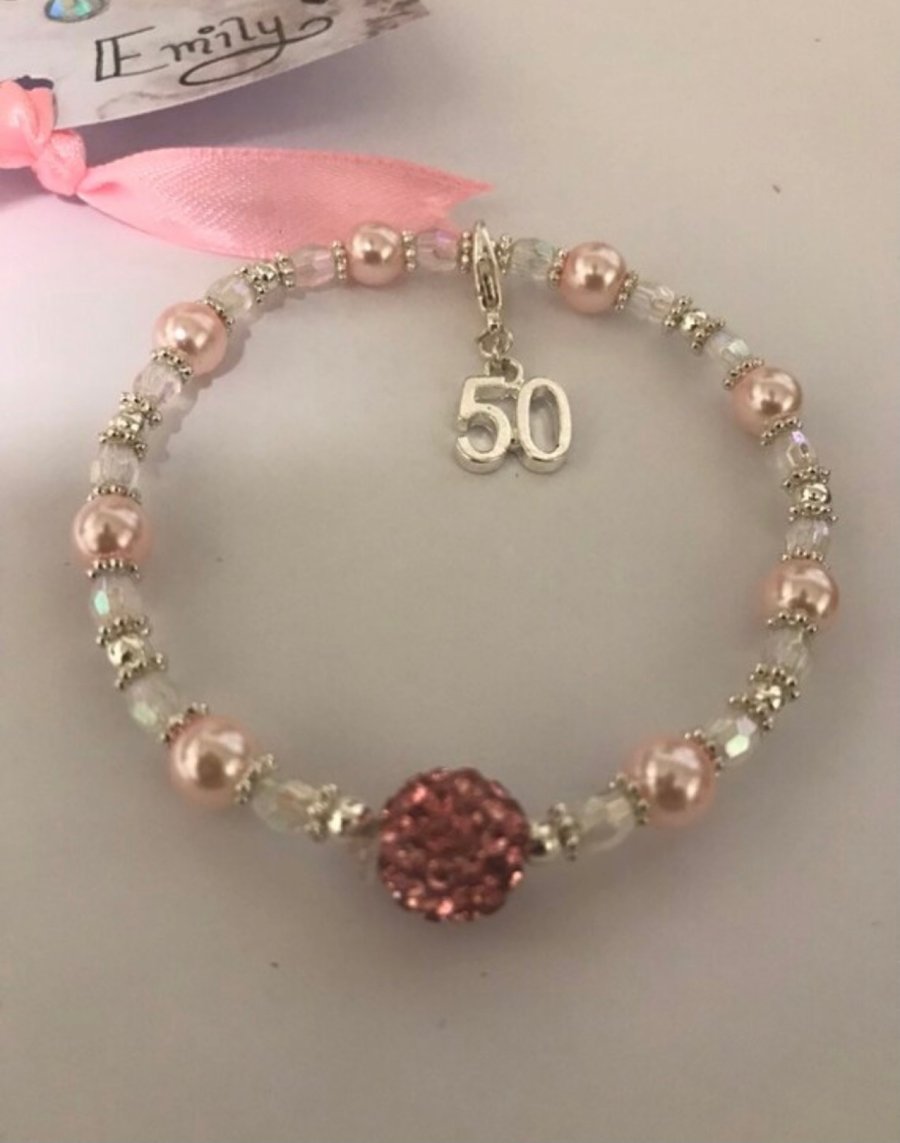 50th milestone birthday ladies gift bracelet shamballa and ab crystal beaded 