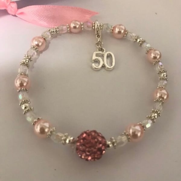50th milestone birthday ladies gift bracelet shamballa and ab crystal beaded 