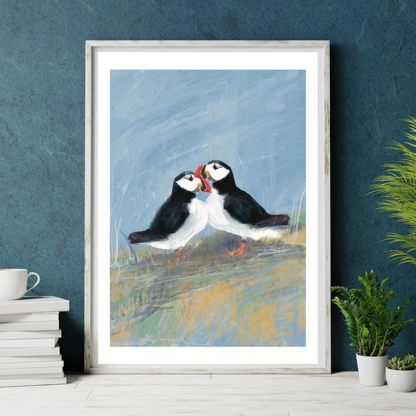 Seaside Art print Puffin Love 