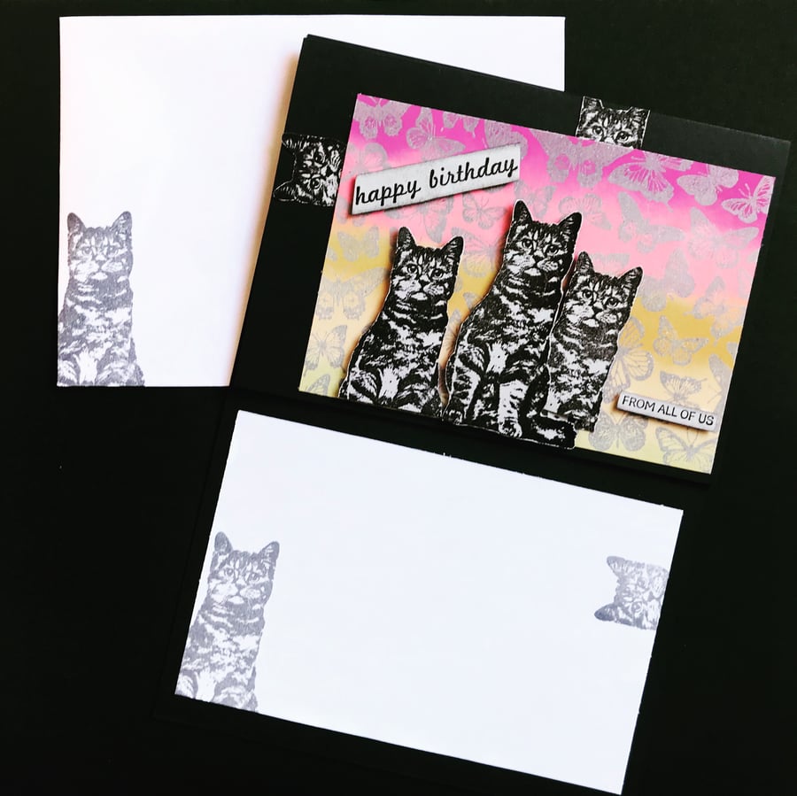 Happy Birthday from all us ... Cats and Butterflies Ombre card